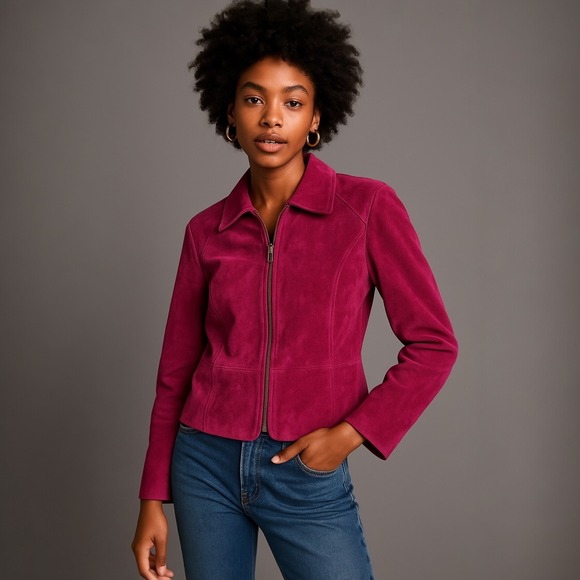 Ann Taylor Jackets & Blazers - Ann Taylor Suede Leather Moto Jacket Pink Zip Front Collar Women Retro Grunge S